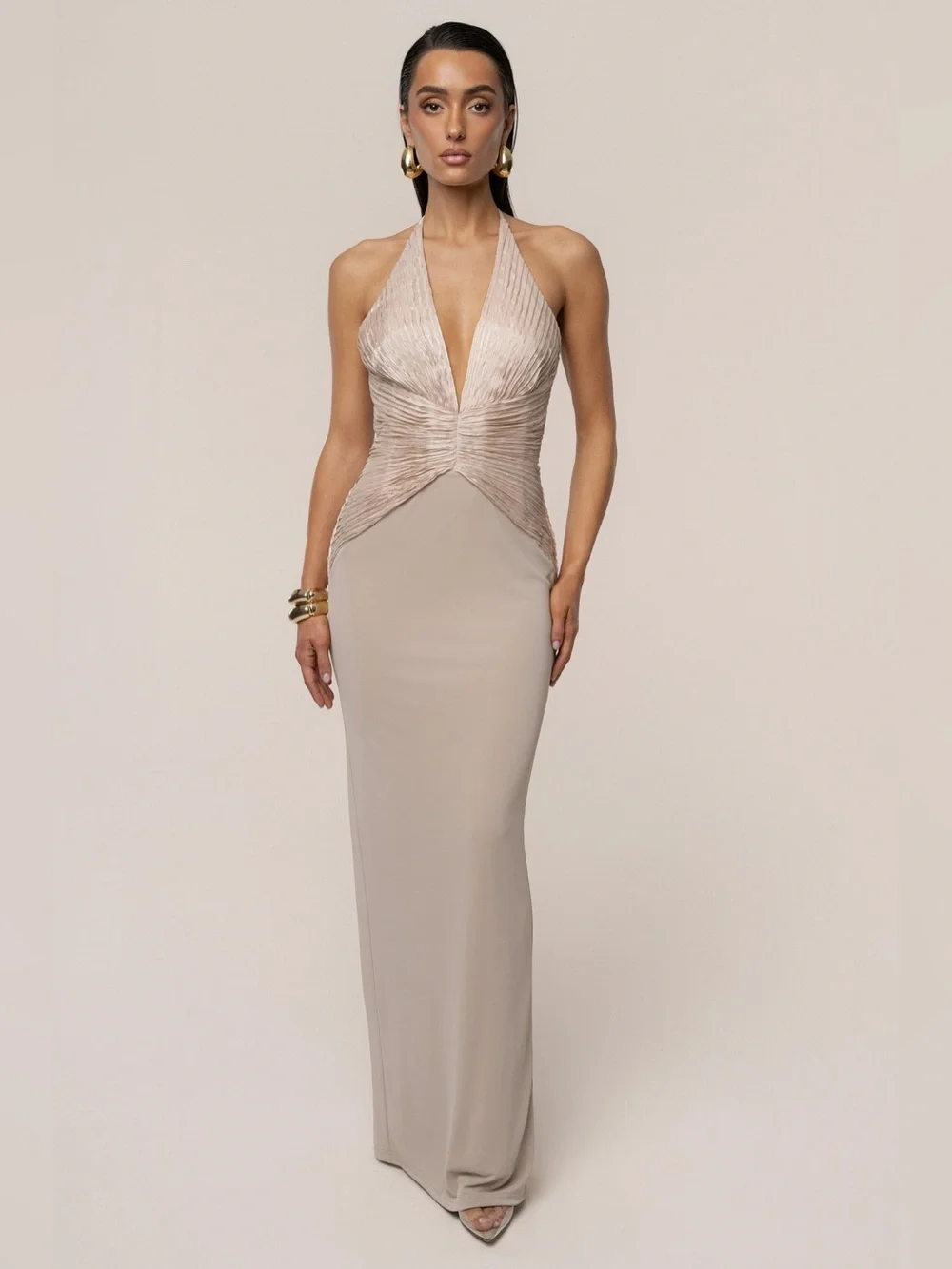 new JLuxLabel enchanted nights maxi v neck plunge dress in champagne